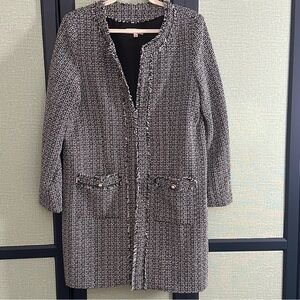 Nanette Lepore Longline Tweed Blazer Jacket with Gold Pearl Hardware, Size L